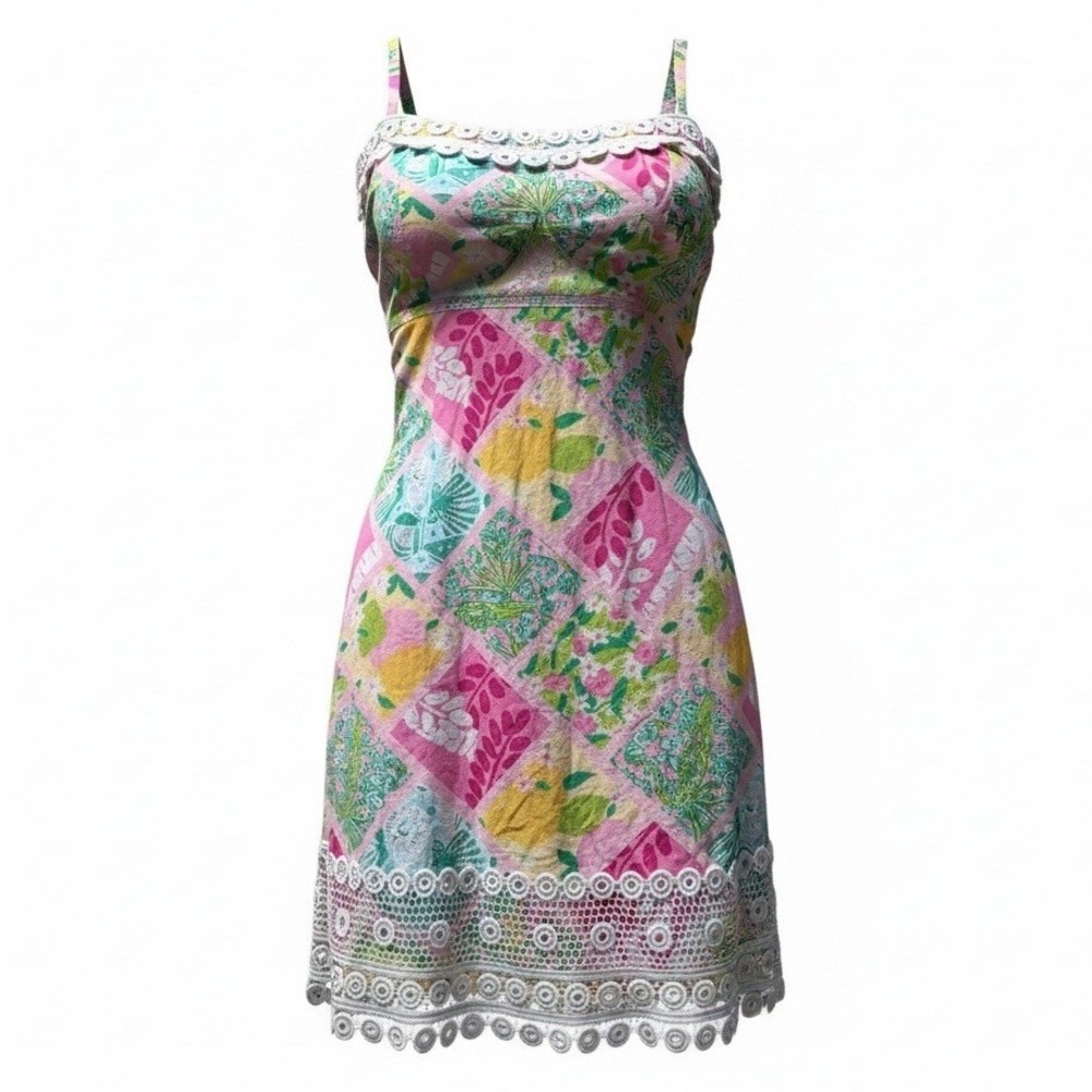 Lilly Pulitzer Dress Sz  8 White Lace Cotton Patchwork Straps Sleeveless Floral